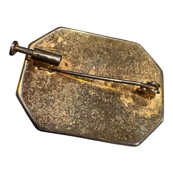 Vintage Black Gold Floral Etched Octagon Brooch Pin J23 - Picture 5 of 5